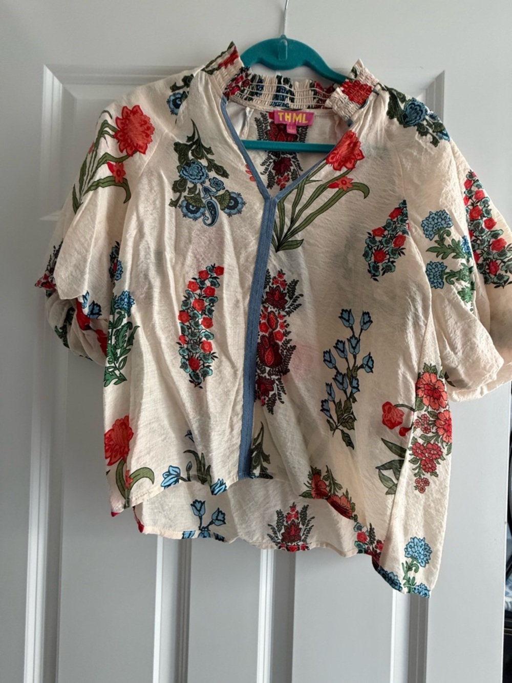 THML Cream Boho Floral Short Sleeve Top with Multicolor Print